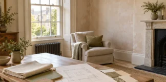 Room Renovation Order: What to Decide Before You Start Decorating Imagined period sitting room with a planning table, material samples and pale plaster walls.