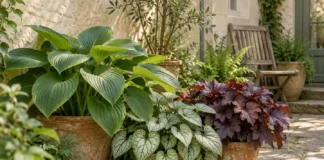 Container Plants for a Shady Patio: Choosing Foliage That Works Terracotta containers with broad green, silver and bronze foliage on a shaded stone courtyard.