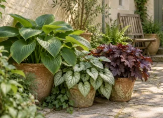 Container Plants for a Shady Patio: Choosing Foliage That Works Terracotta containers with broad green, silver and bronze foliage on a shaded stone courtyard.