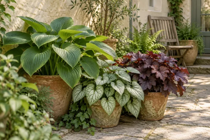 Terracotta containers with broad green, silver and bronze foliage on a shaded stone courtyard.