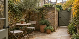 Small Patio Layouts: Planning Space for Seating, Dining and Plants Small courtyard concept with a bistro table to one side and an open route to an olive garden gate.