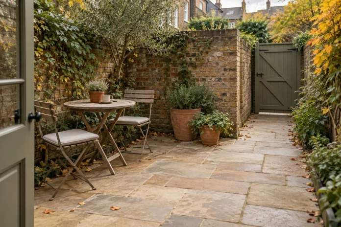 small-patio-layout Small courtyard concept with a bistro table to one side and an open route to an olive garden gate.