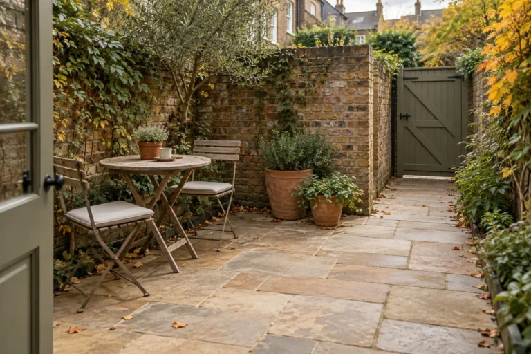 Small courtyard concept with a bistro table to one side and an open route to an olive garden gate.