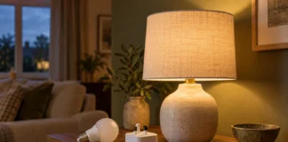 Smart Bulbs or Smart Plugs: Which Suits Your Existing Lamps? Concept still life of a glowing ceramic lamp beside an unbranded bulb and smart plug.