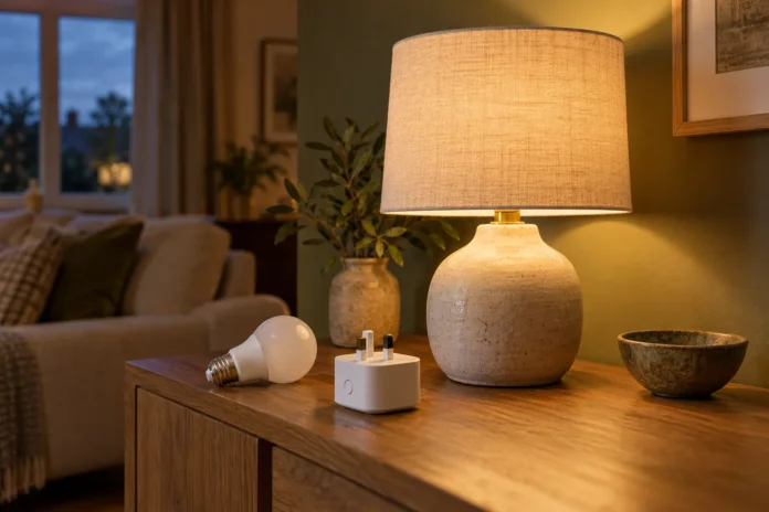 Concept still life of a glowing ceramic lamp beside an unbranded bulb and smart plug.